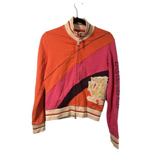 KEJO Japanese Bomber Jacket Colorblock Velour Dragon Appliqué Orange Pink Size M